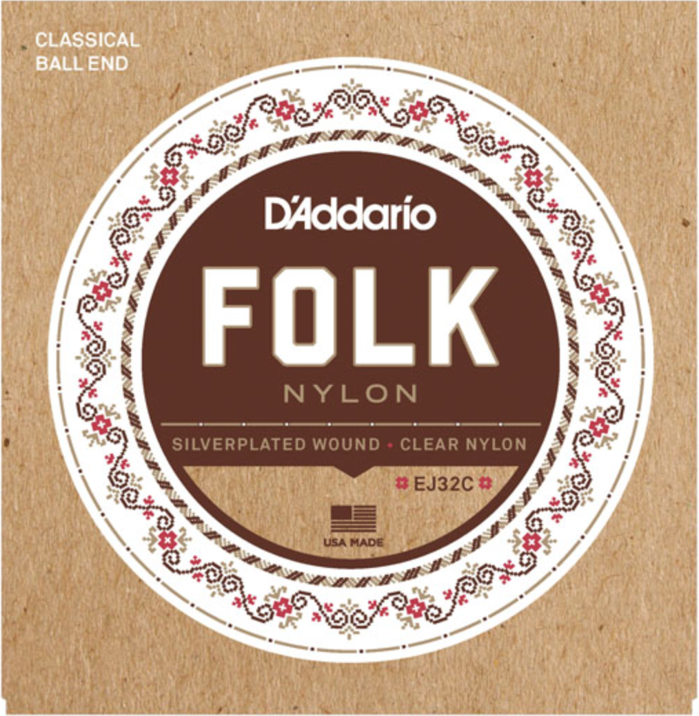 D'Addario EJ32C Folk Nylon Ball End Silver Wound/Clear Nylon Trebles - Available at Lark Guitars
